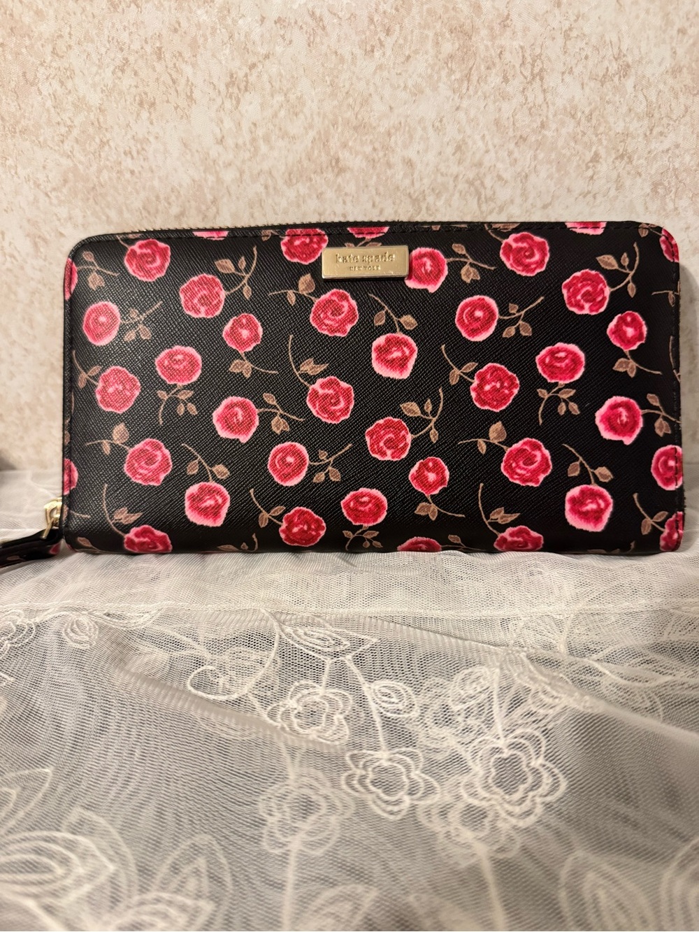 Kate Spade Black Wallet with Pink Rose Print